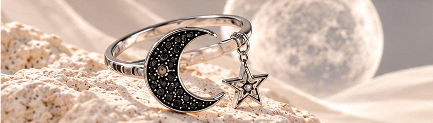 Crescent moon ring with a star charm, resting on pale stone