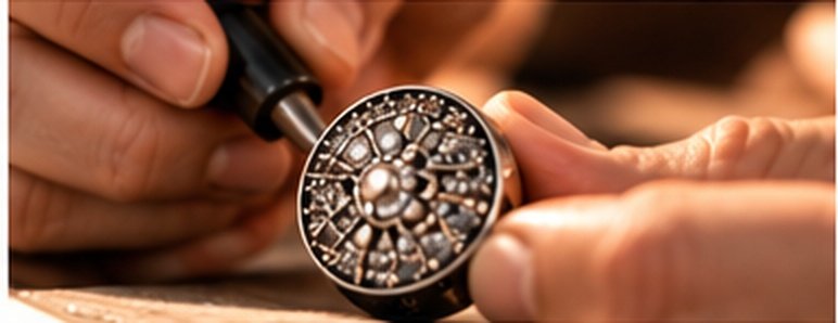 Hands setting stones into a silver medallion