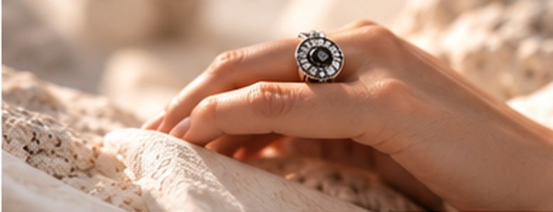 Hand wearing a dark-stone silver ring