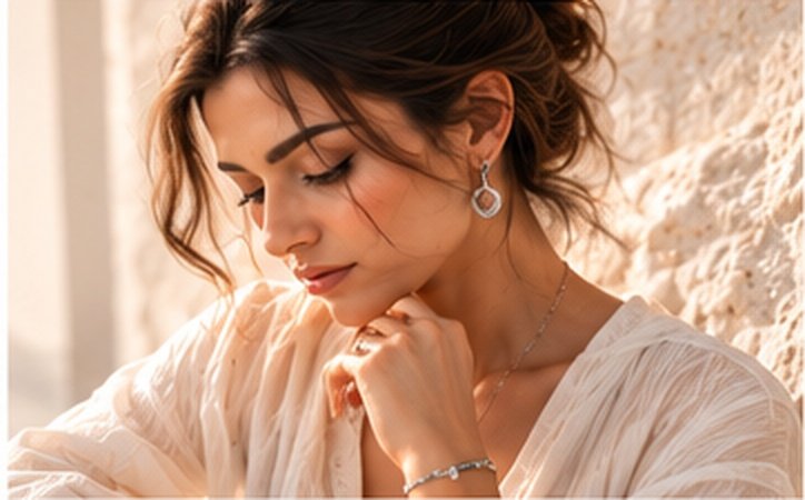 Founder portrait in silver earrings, a fine necklace and a bracelet