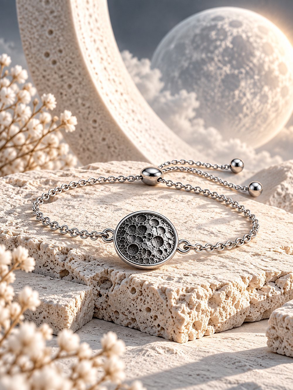 Silver crater bracelet set beneath the moon