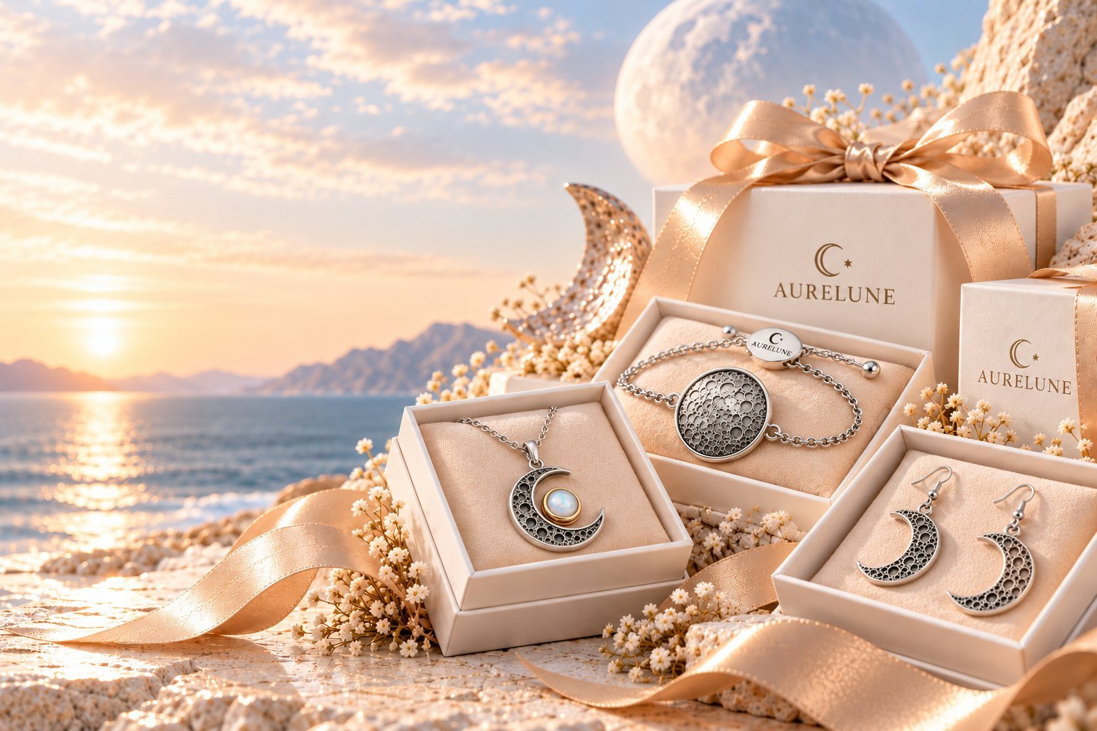 Aurelune gifts for her, boxed in cream with gold ribbon