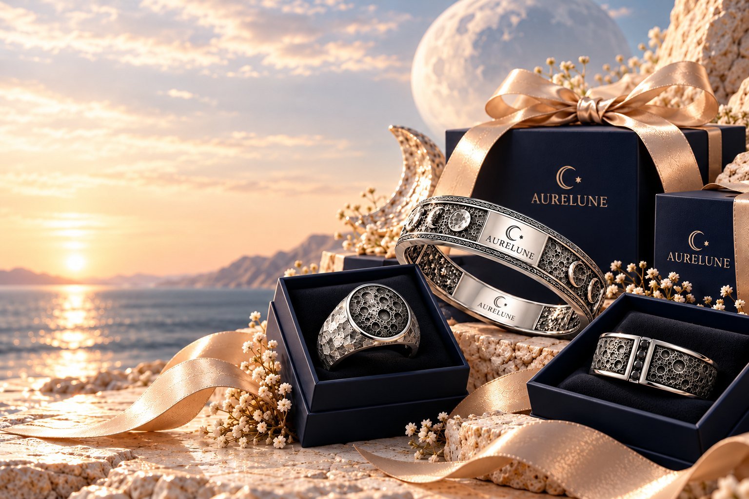 Aurelune gifts for him, boxed in navy with gold ribbon